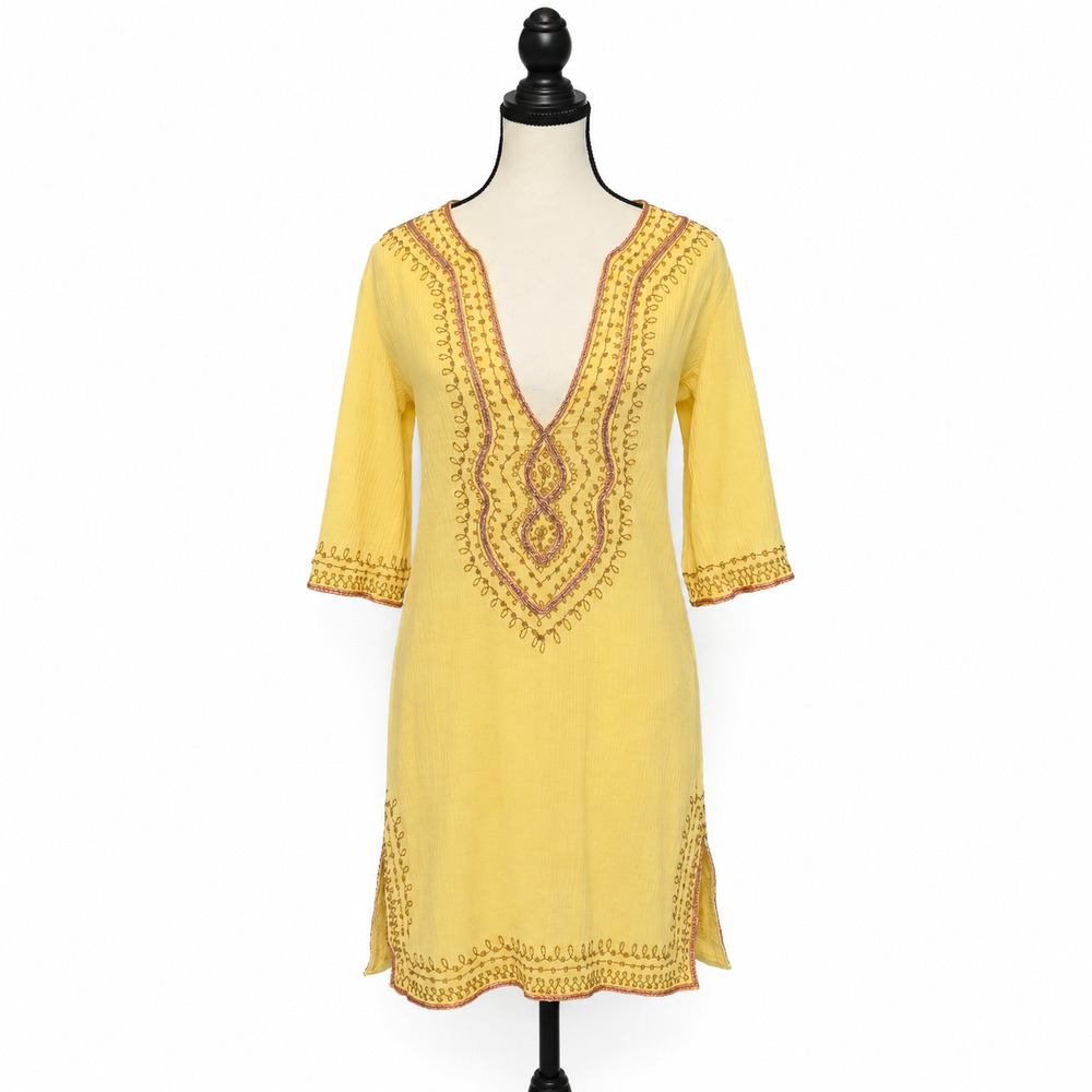 Melissa Odabash Kaftan Coverup Womens Size Small Yellow Embroidered Gauze Boho
